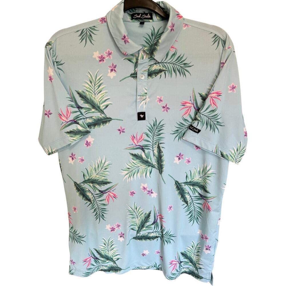 Bad Birdie Men Tropical Performance Polo Floral Hawaiian Golf Shirt Size Small